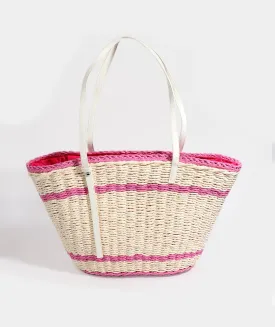 Pink Striped Straw Tote Bag with Zip Closure