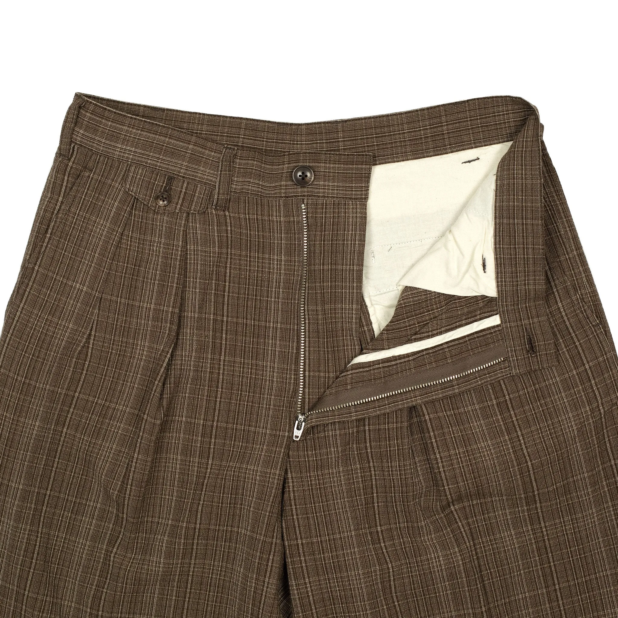 Pleated trousers in brown check cotton wool linen