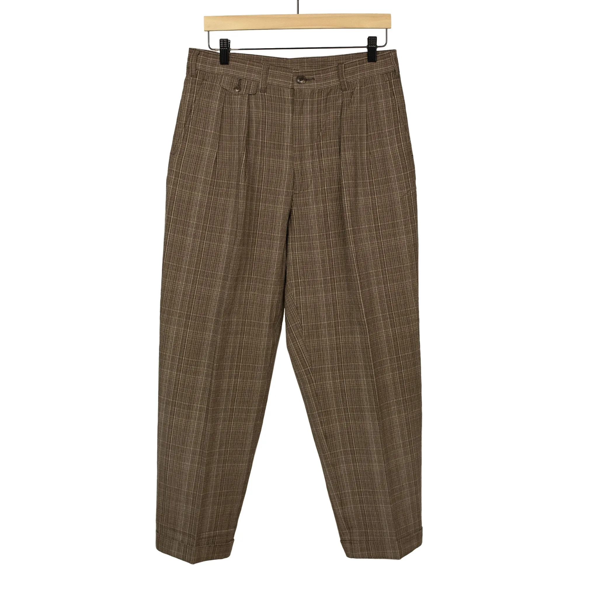 Pleated trousers in brown check cotton wool linen