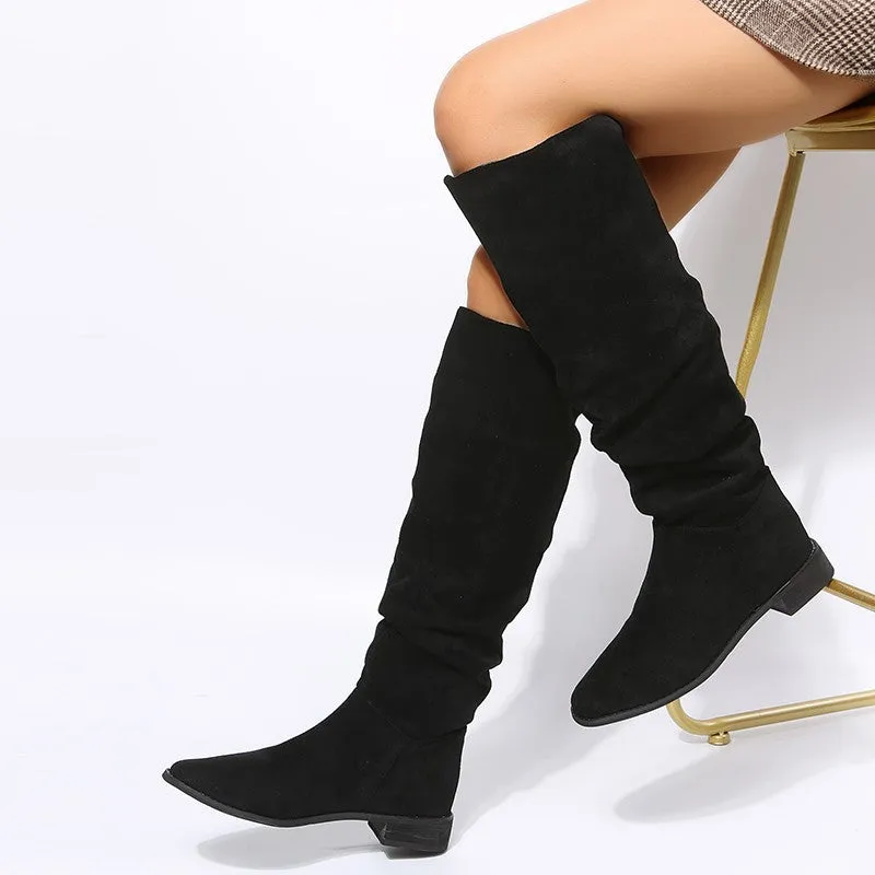 Plus Size Autumn Suede Flat Over-the-knee Pointed Toe Boots