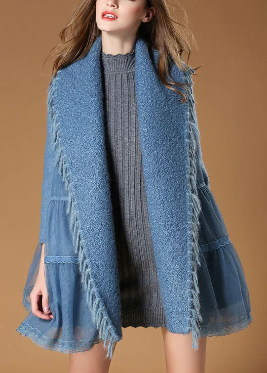 Plus Size Blue Tulle Patchwork tasseled Fall Woolen Coat