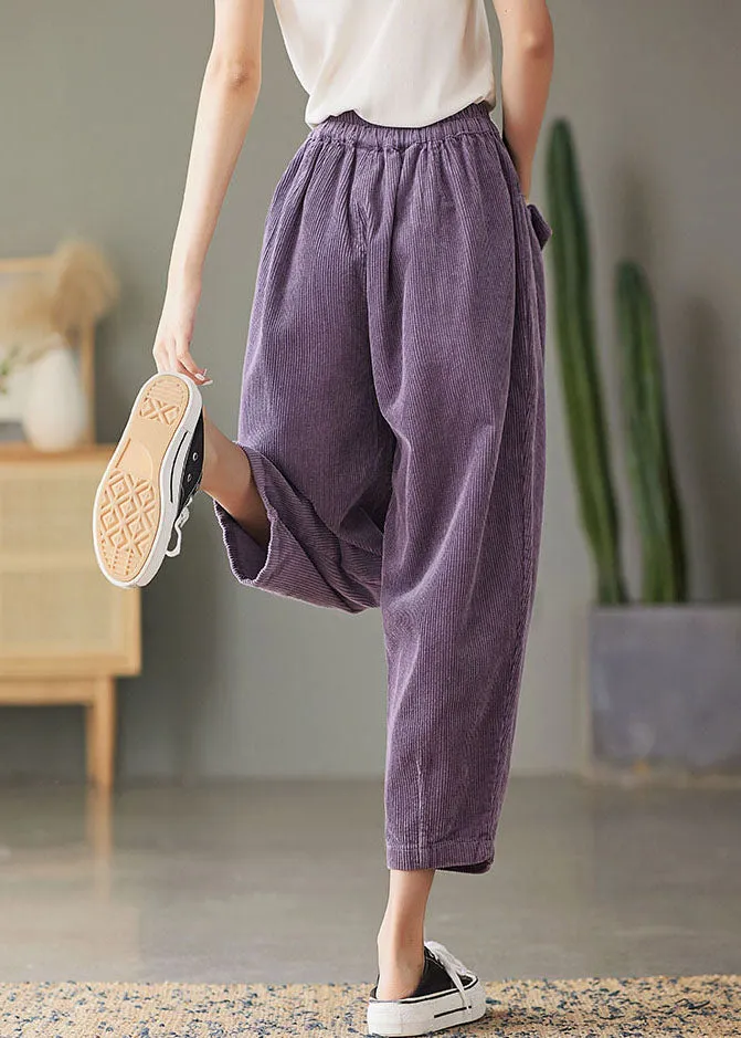 Plus Size Purple elastic waist Pockets Corduroy Pants Spring