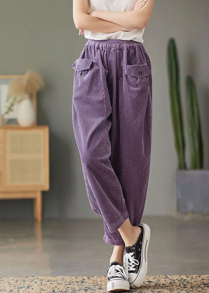 Plus Size Purple elastic waist Pockets Corduroy Pants Spring