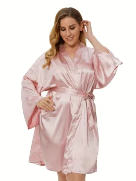 Plus Size Womens Elegant Solid Color Satin Kimono Robe - Long Sleeve, Belted, Comfortable, and Flowy for Beach and Casual Occasions - All-Season, Non-Stretch Polyester, Woven, No Printing, and Slit Hem