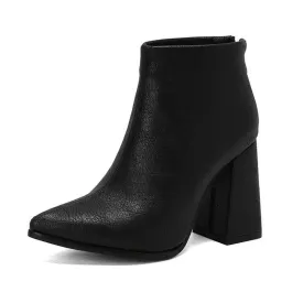 Pointed Toe Back Zipper Ankle Chunky Heels Booties