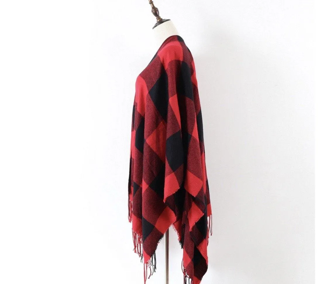 Poncho scarf { Plaid check } Red and black or white and black. 52 x 63. Free ship in US!