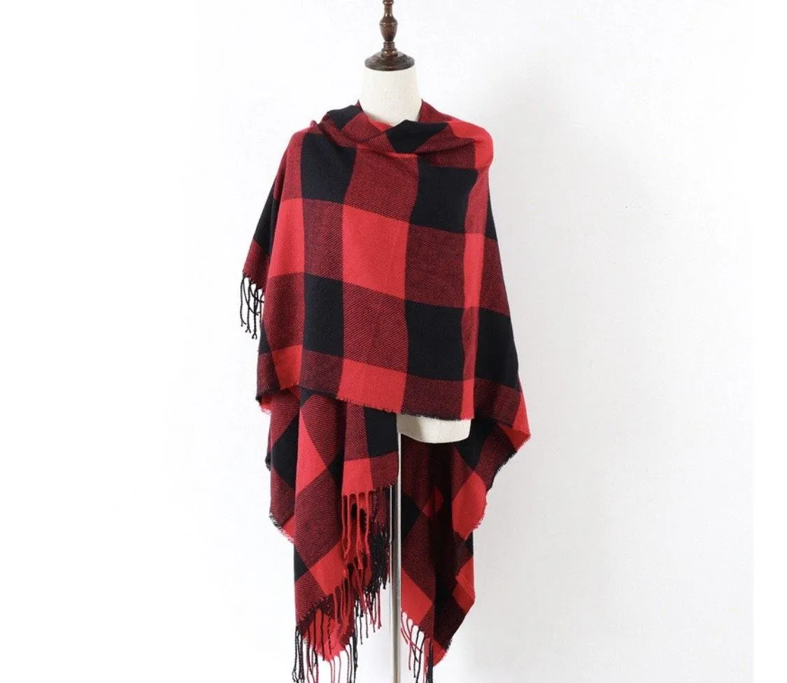 Poncho scarf { Plaid check } Red and black or white and black. 52 x 63. Free ship in US!