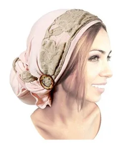 Pre-Tied Champagne Pink Head-scarf Boho Chic Head-Wrap Vintage Lace Handmade Coconut Buckles! (Champagne beige lace long)