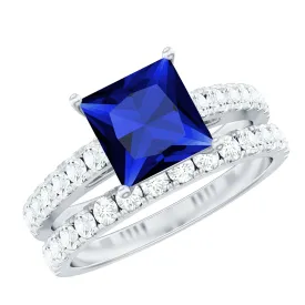 Princess Cut Lab Grown Blue Sapphire Solitaire Ring Set with Moissanite