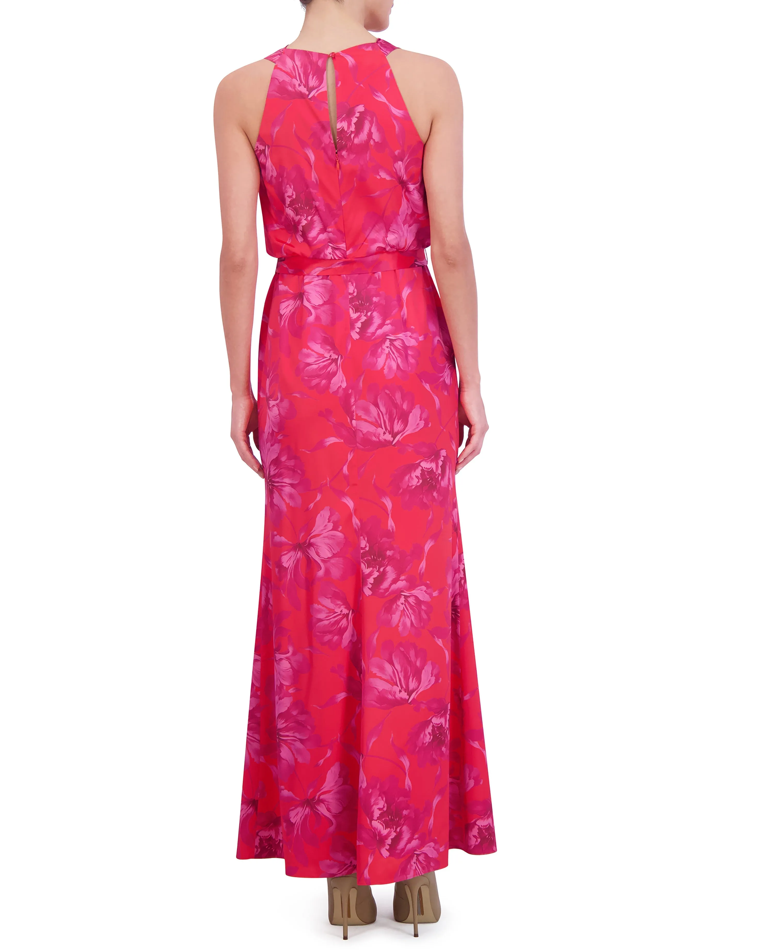 Printed Cowl-Neck Blouson-Bodice Gown