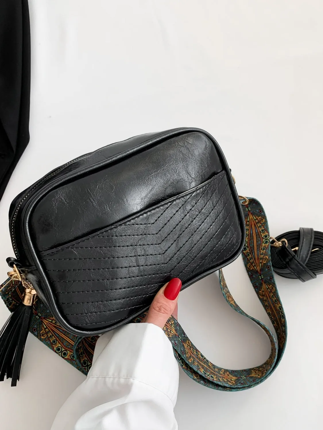 PU Leather Printed Strap Cassette Crossbody Bag