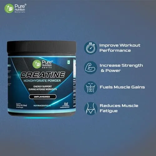 Pure Nutrition Micronised Creatine Monohydrate Powder, Pre / Post Workout Supplement, Instant Energy for Athletic Performance, Fast Recovery, Increased Muscle Mass, Unflavoured, 100g, 33 Servings