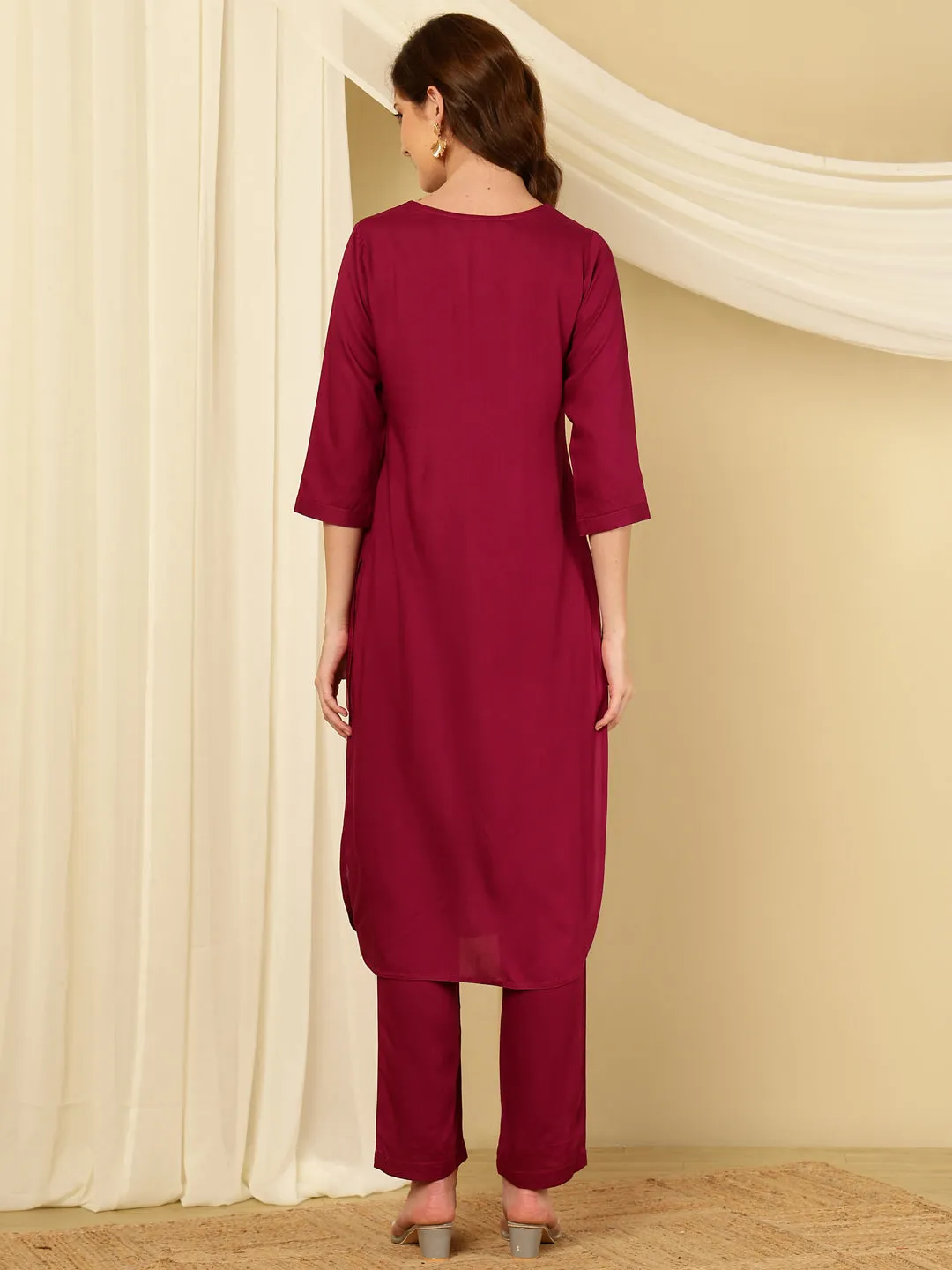 Purple Pleated Straight Kurta With Pants