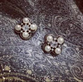 Quatrefoil Pearl Clear Crystal Clip On Earrings by Askew London