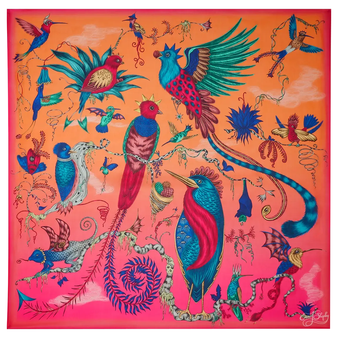 Quetzal Silk Chiffon Scarf - Red Leopard Winter Blue