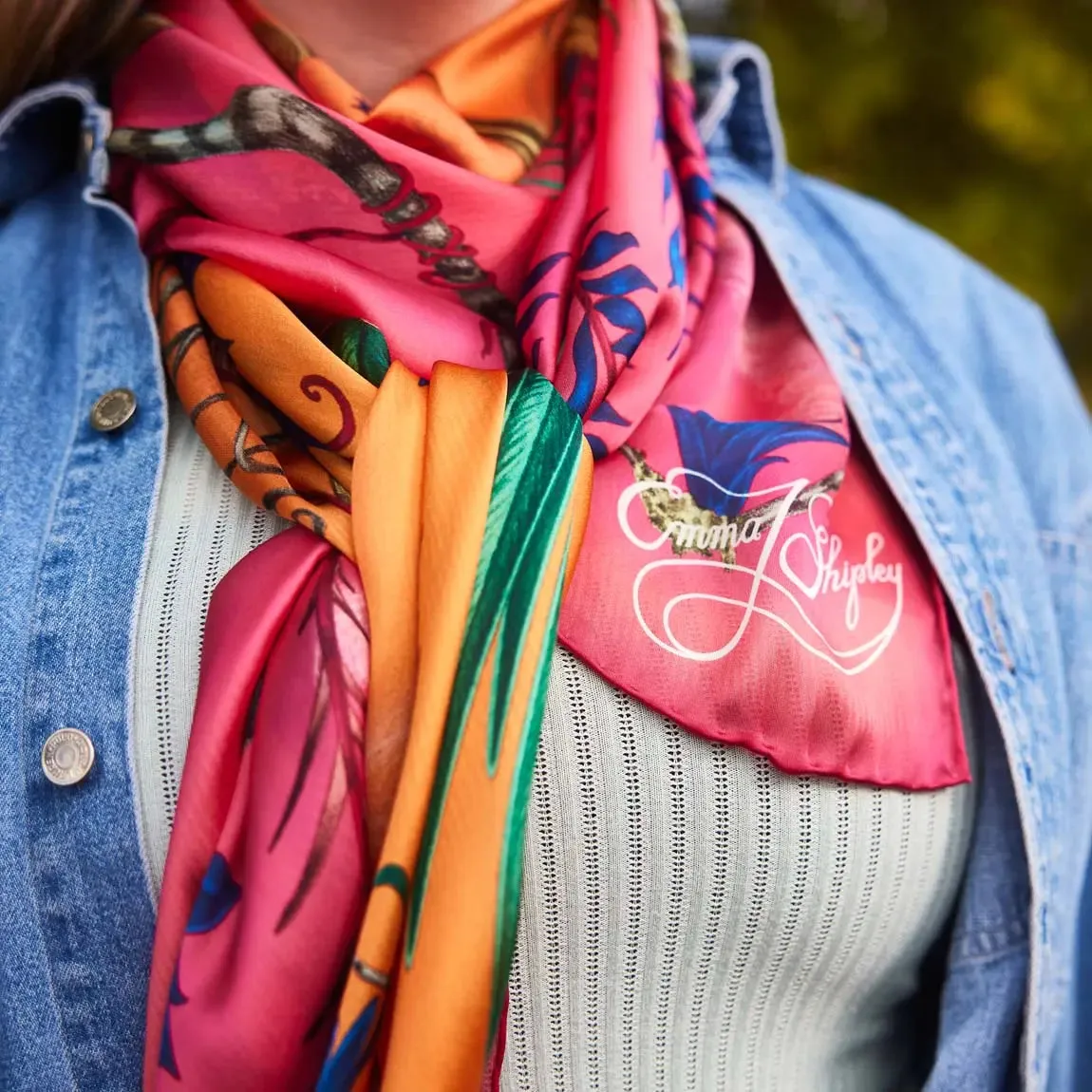 Quetzal Silk Chiffon Scarf - Red Leopard Winter Blue