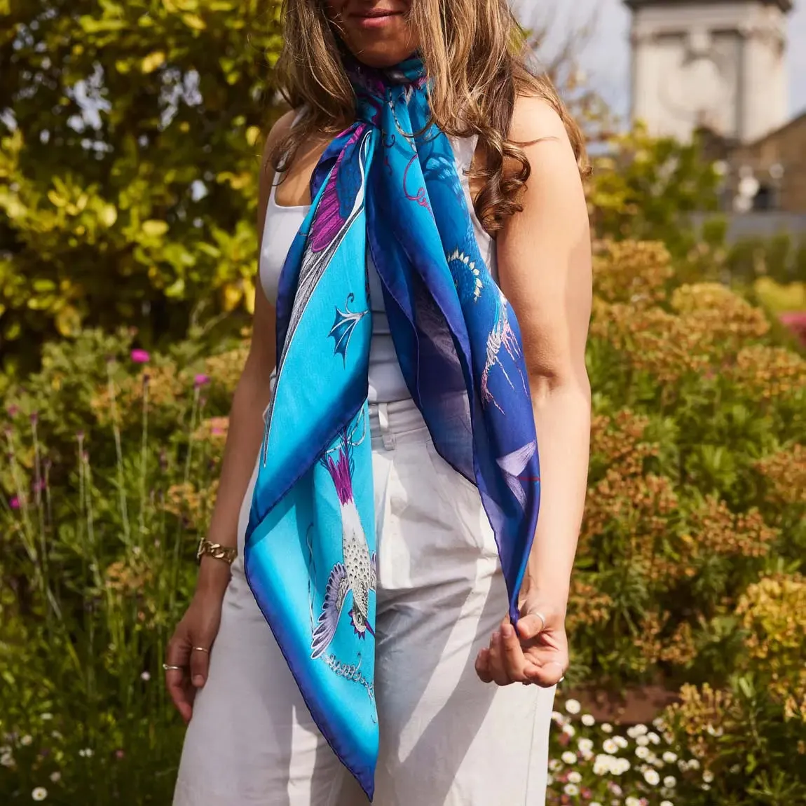 Quetzal Silk Chiffon Scarf - Red Leopard Winter Blue