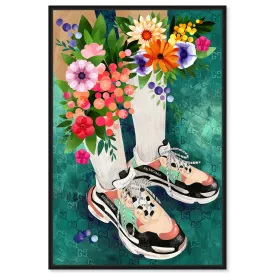 "Blooming Socks and Sneakers", Colorful floral sneaker outfit Modern Green Framed Canvas Wall Art Print for Bedroom