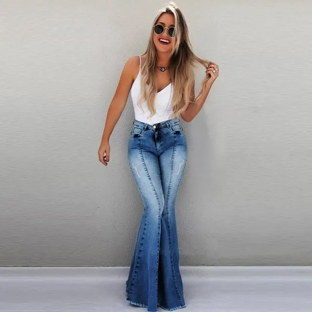 "Clara" Oversized Long Flare Pants Light Blue Jeans