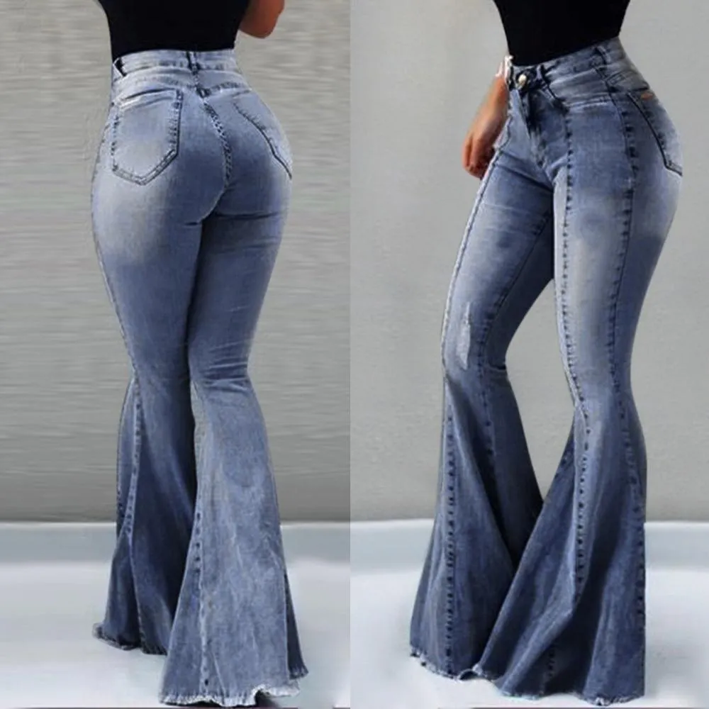 "Clara" Oversized Long Flare Pants Light Blue Jeans