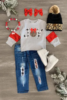 "Joy" Leopard & Plaid Distressed Denim Pant Set