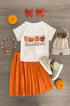 "Thankful" Orange Pleated Skirt Set