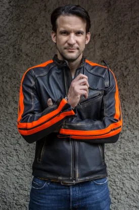 R80X Leather Jacket - Vivid Orange Stripes - Washed Distressed Black - Limited