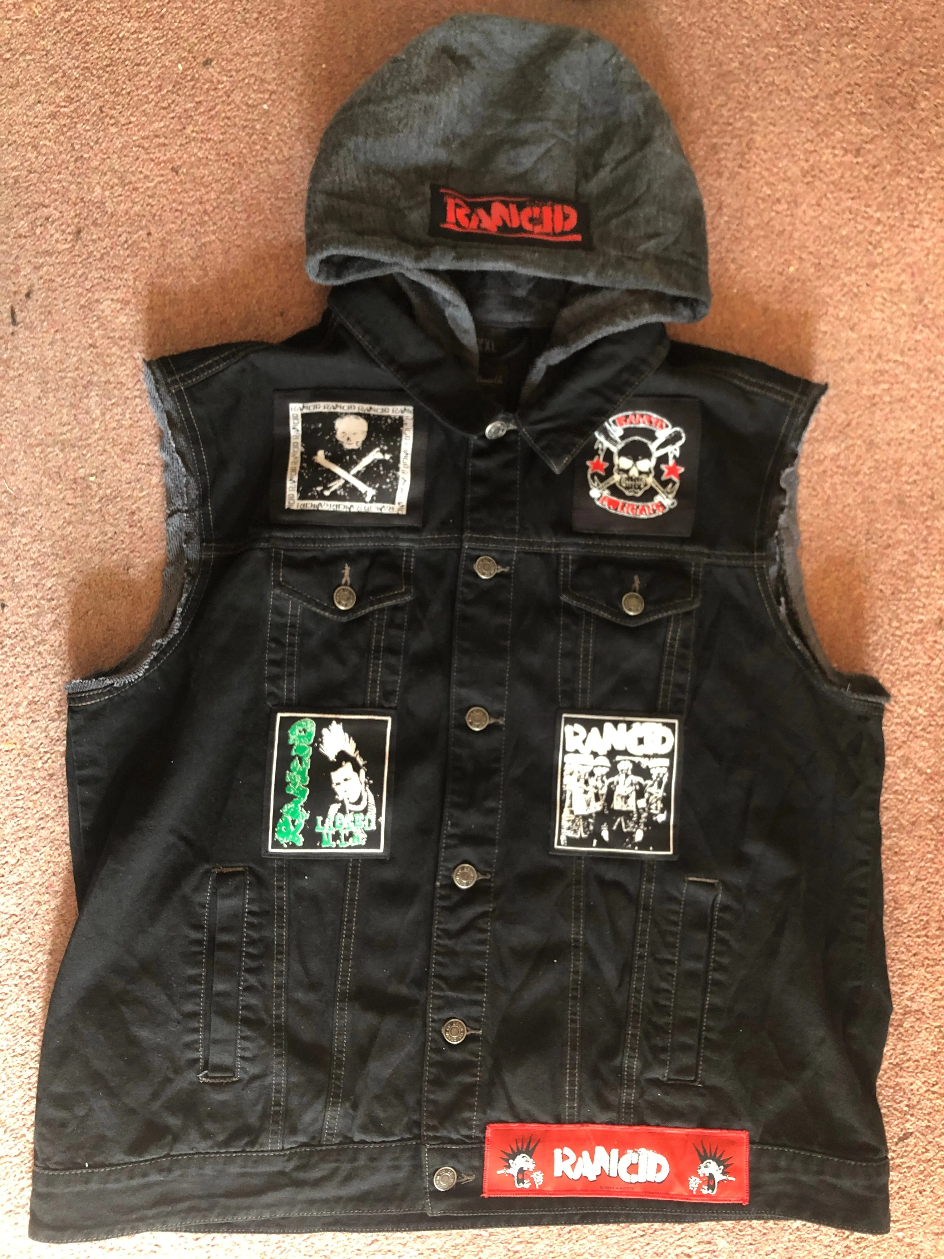 Rancid Punx Hooligans Punk Rock Denim Cut-Off Hooded Battle Jacket