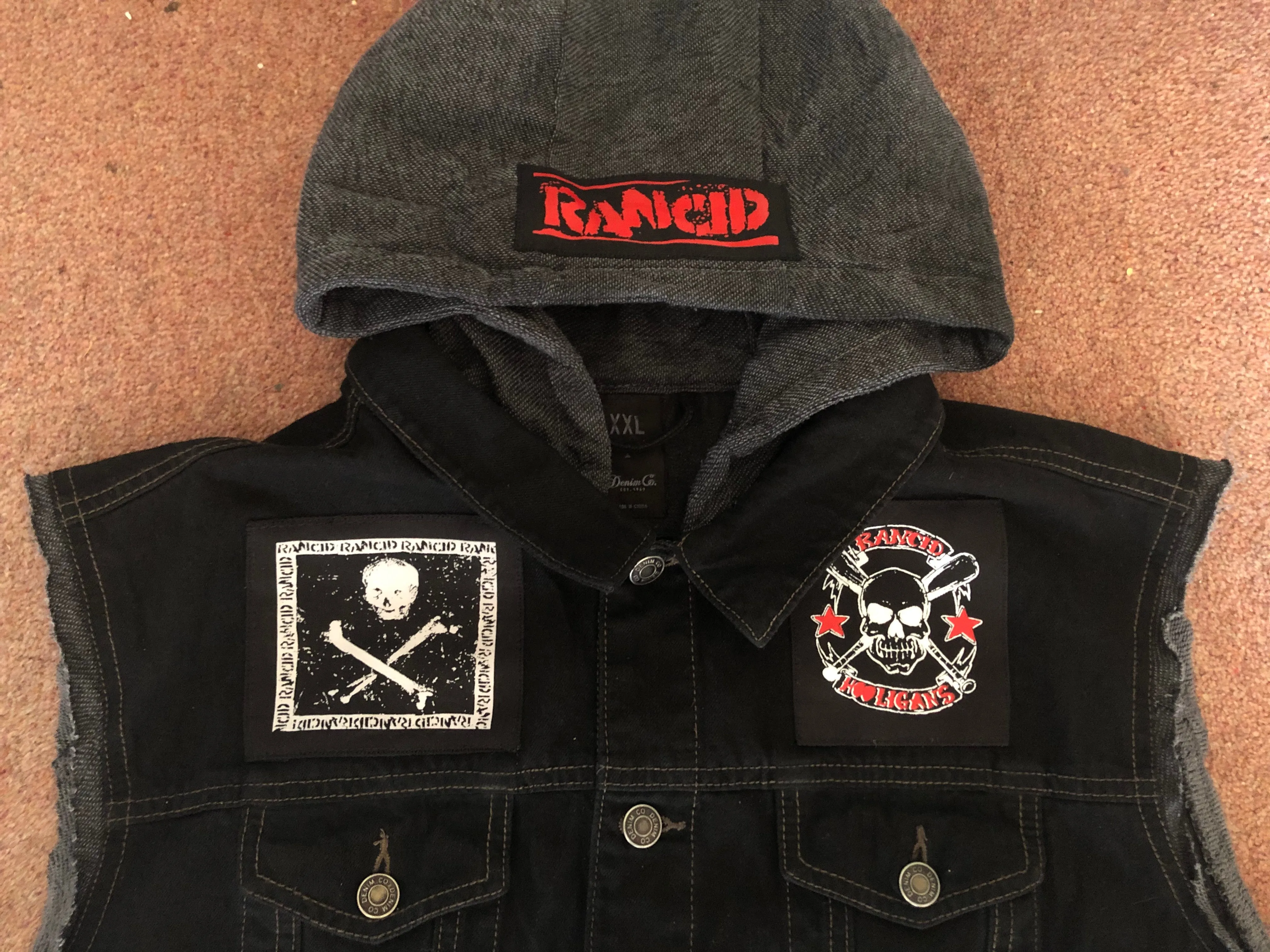 Rancid Punx Hooligans Punk Rock Denim Cut-Off Hooded Battle Jacket