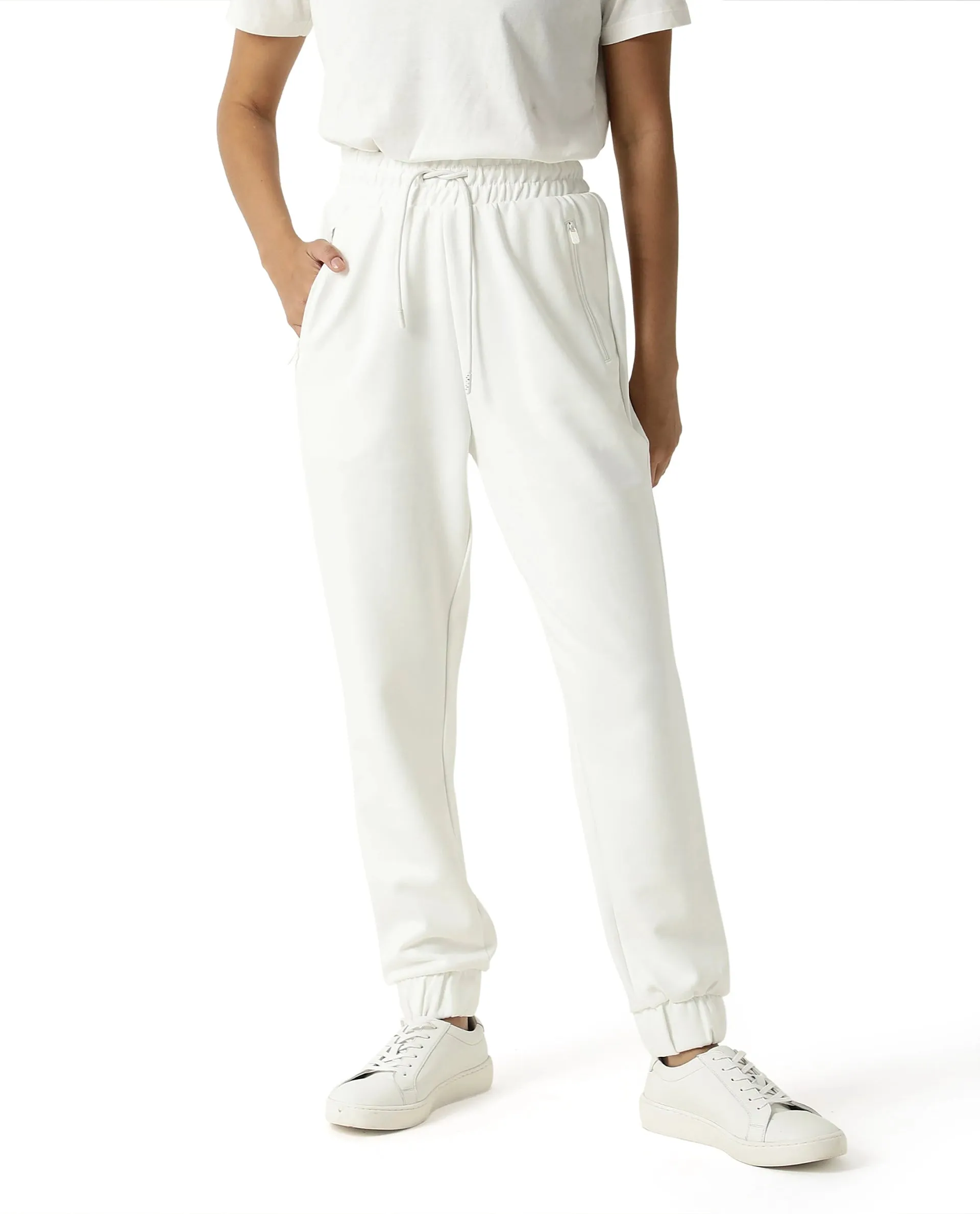 Rareism Women Creta Off White Cotton Blend Fabric Relaxed Fit Solid Mid Rise Ankle Length Track Pant