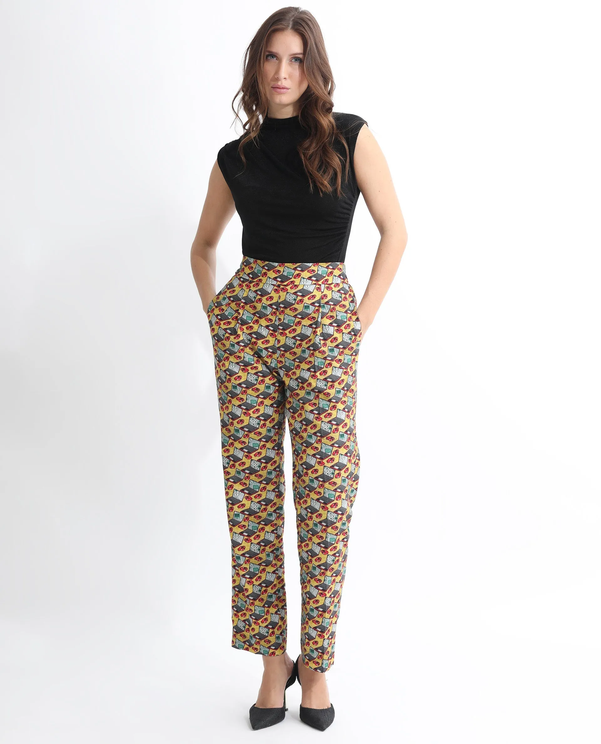 Rareism Women Hertie-B Yellow Cotton Blend Fabric Straight Fit Geometric Print Ankle Length Trousers