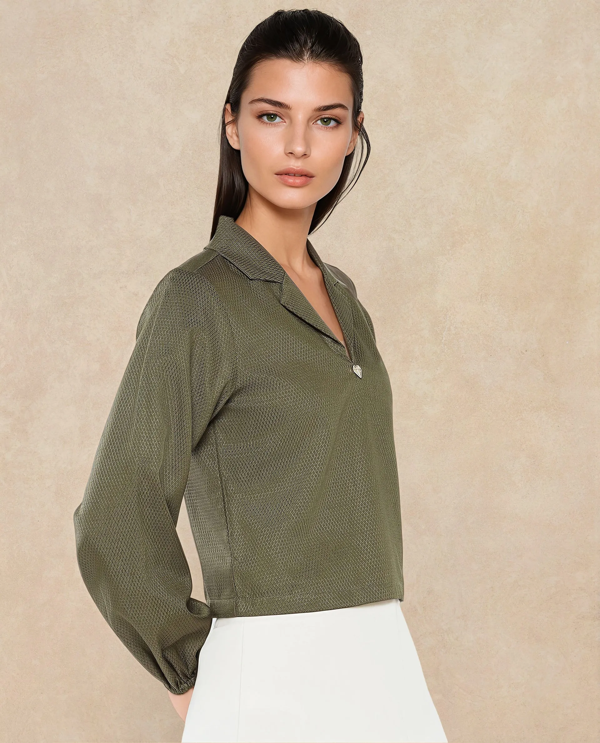 Rareism Women Istanbul Green Bishop Sleeve Lapel Collar Cropped Plain Top