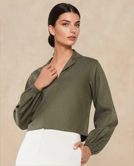 Rareism Women Istanbul Green Bishop Sleeve Lapel Collar Cropped Plain Top