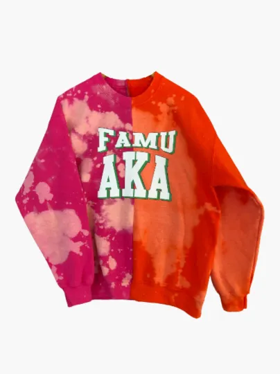 Rashan Ali Handmade FAMU AKA Beta Alpha 08 Hand Bleached Orange/Pink Half&Half Crew Sweatshirt