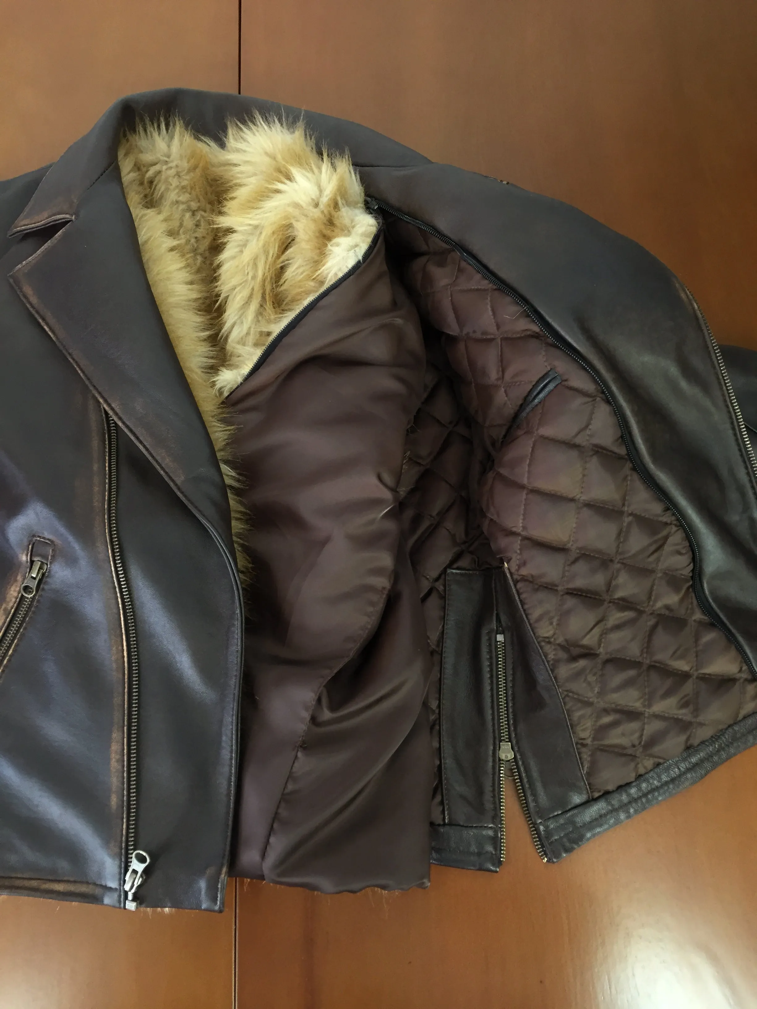 Rebel Fur Vintage Jacket Aged Leather Distressed Brown Removable Vest