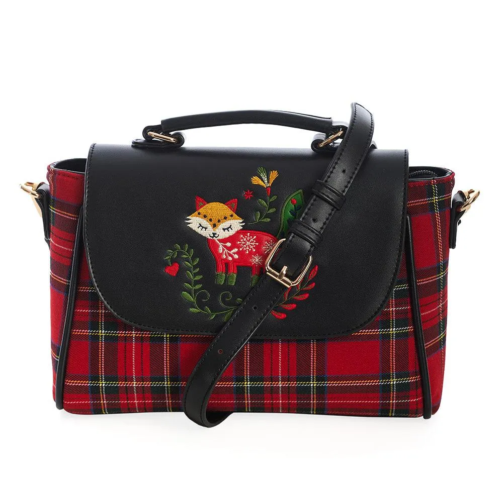 Red and Black Plaid Unique Fox Embroidered Handbag With Detachable Shoulder Strap