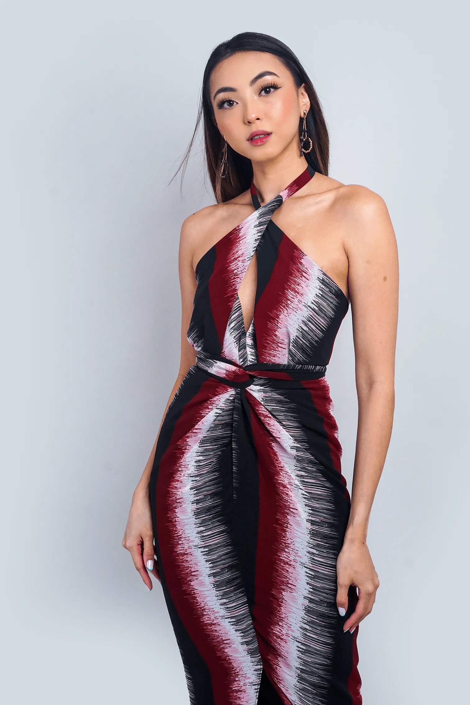 Red Black Print Indo Wrap Halter Top