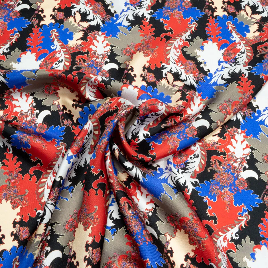 Red, Blue, Grey Multi Printed Pure Silk Twill