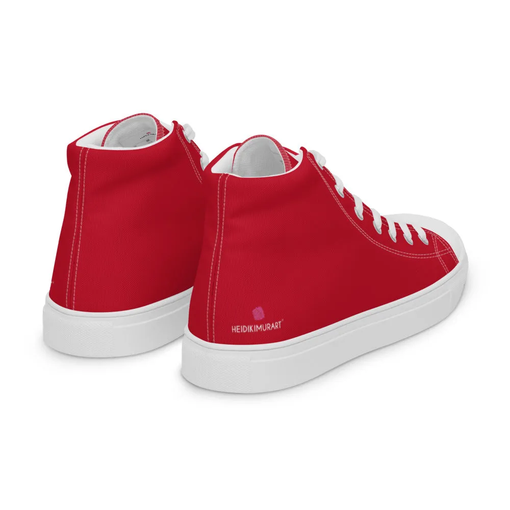 Red Color Men's High Tops, Solid Red Color Men’s High Top Sneakers Canvas Tennis Shoes With White Laces and Faux Leather Toe Caps (US Size: 5-13)