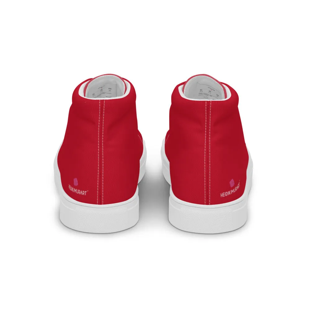 Red Color Men's High Tops, Solid Red Color Men’s High Top Sneakers Canvas Tennis Shoes With White Laces and Faux Leather Toe Caps (US Size: 5-13)