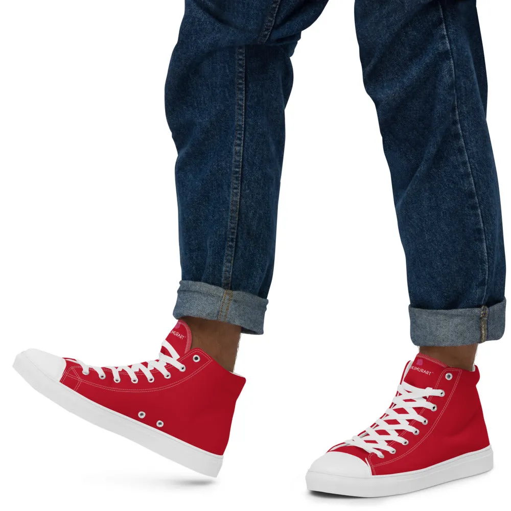 Red Color Men's High Tops, Solid Red Color Men’s High Top Sneakers Canvas Tennis Shoes With White Laces and Faux Leather Toe Caps (US Size: 5-13)