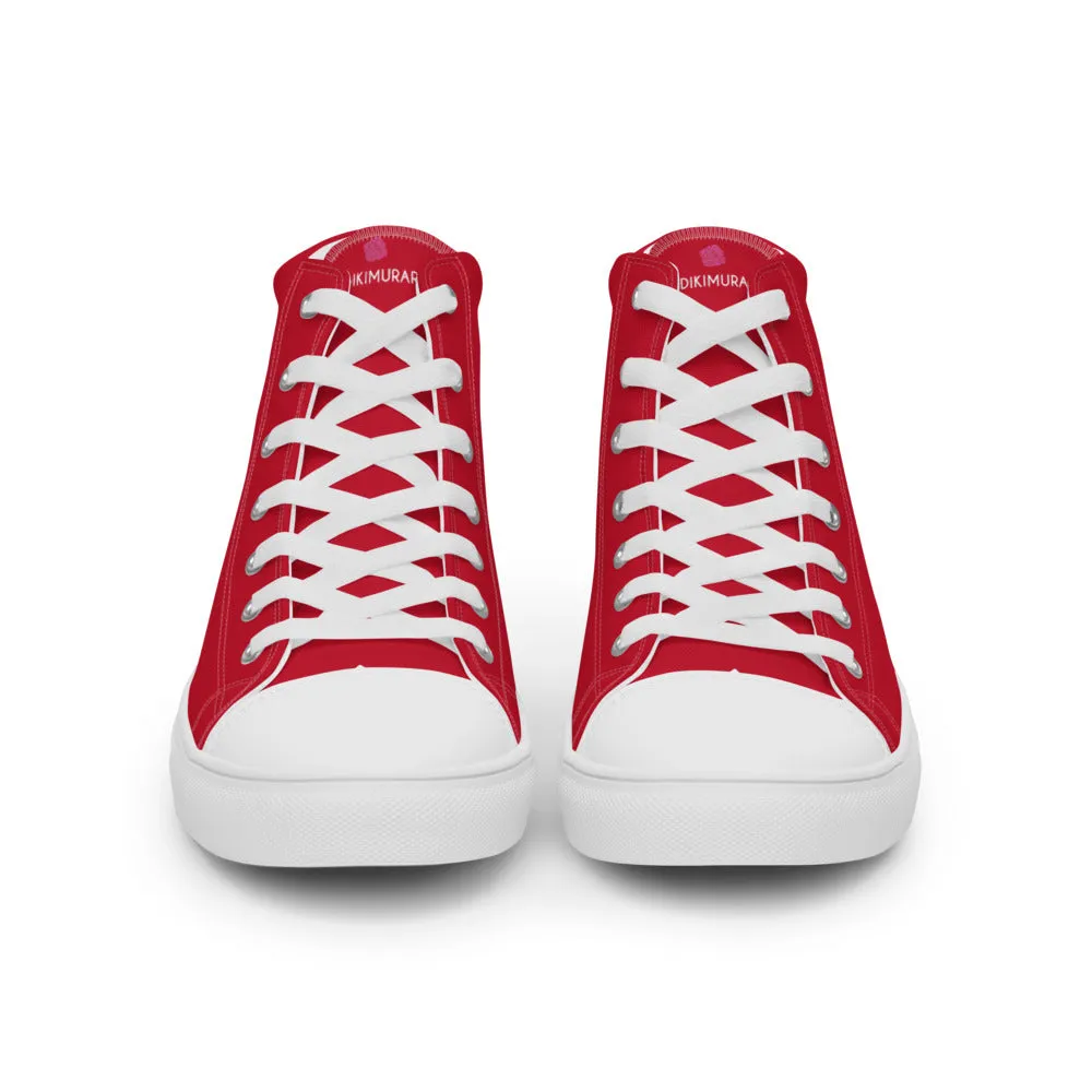 Red Color Men's High Tops, Solid Red Color Men’s High Top Sneakers Canvas Tennis Shoes With White Laces and Faux Leather Toe Caps (US Size: 5-13)