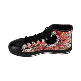 Red Floral Men's High Tops, Black Red Fall Themed Designer Men's High Top Tennis Shoes