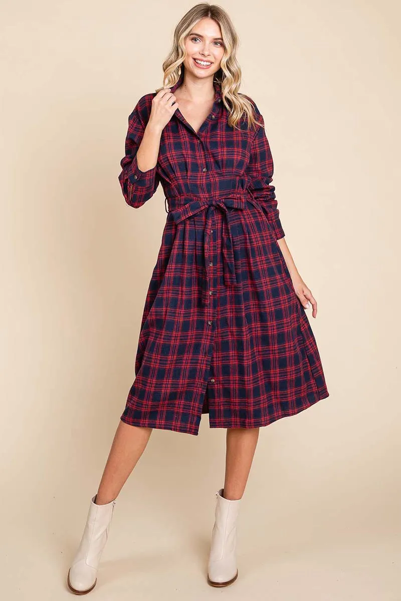 Red Long Sleeve Plaid Belted Flannel Shirt Dress