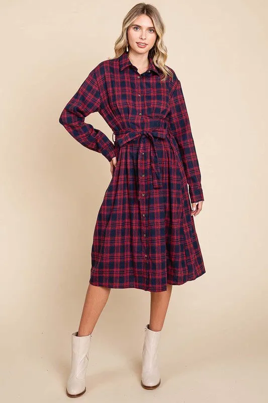 Red Long Sleeve Plaid Belted Flannel Shirt Dress