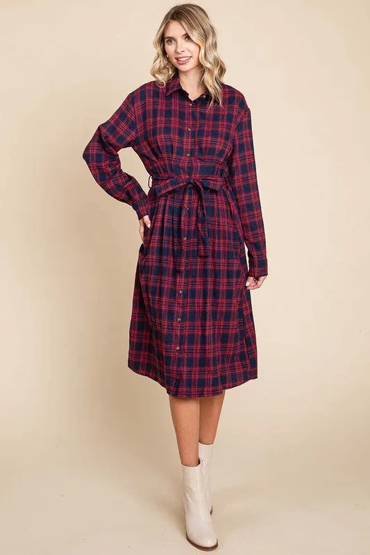 Red Long Sleeve Plaid Belted Flannel Shirt Dress