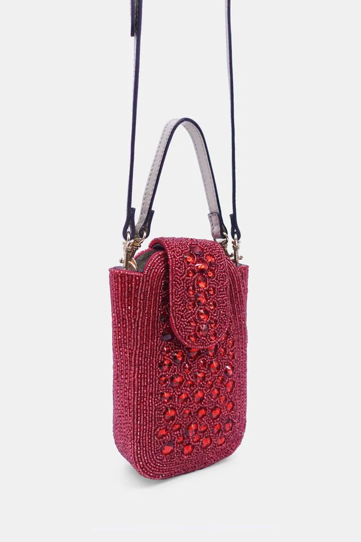 Red Maroon Crystal Embellished  Clutch with Sling