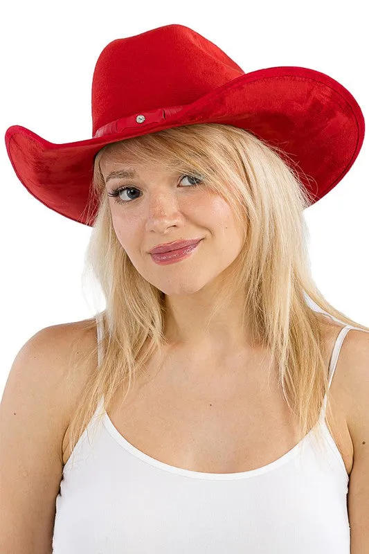 Red Monochrome Belt Faux Nubuck Suede Cowboy Hat