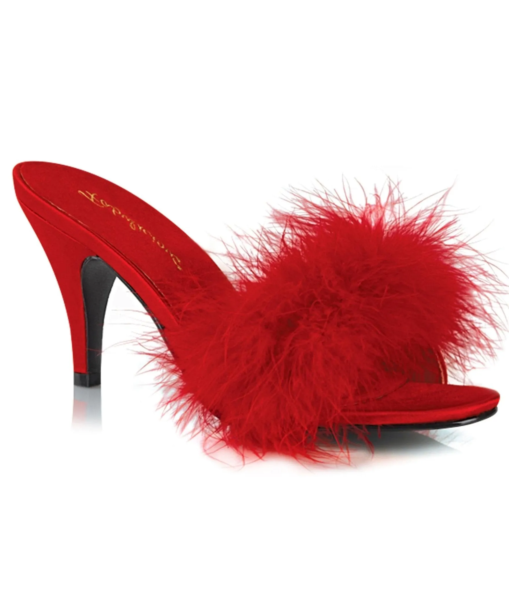 Red Satin & Marabou Feather Peep Toe Amour Heel Slipper