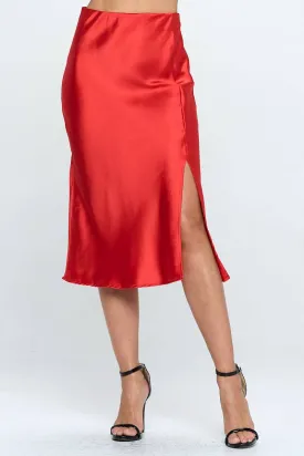 Red Satin Midi Skirt With Slit